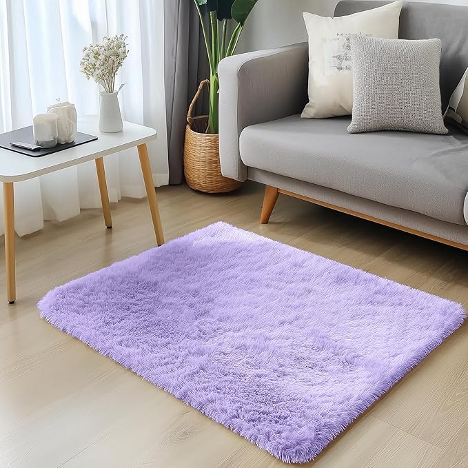 OLANLY 2x3 Machine Washable Small Bedside Rug, Soft Fluffy Shaggy Entryway Throw Rugs for Bedroom, Living Room, Indoor Floor Carpet for Kids Girl Boy, Nursery Room, Home Decor Aesthetic, Light Purple