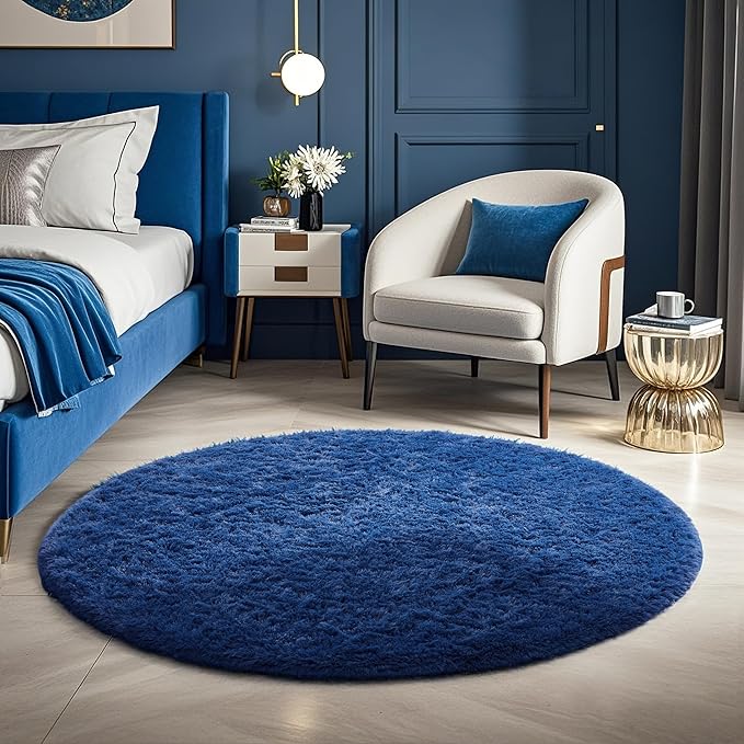 Ophanie Round Rug 4Ft Blue Circle Area Rug, Boys Room Decor, Fluffy Fuzzy Bedroom Carpet, Plush Soft Shaggy Living Room Rugs for Kids Home Decor Aesthetic, Nursery