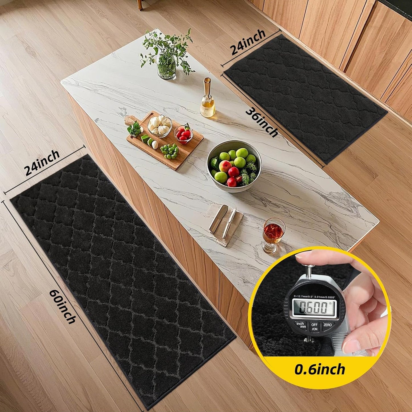 JSEI Kitchen Rugs, Non-Slip Kitchen Mats for Floor, Soft Washable Absorbent Kitchen Mats 2 Pieces, Kitchen Carpet Runner with TPR Backing, Polyester, 24”x36”+24”x60”, Black