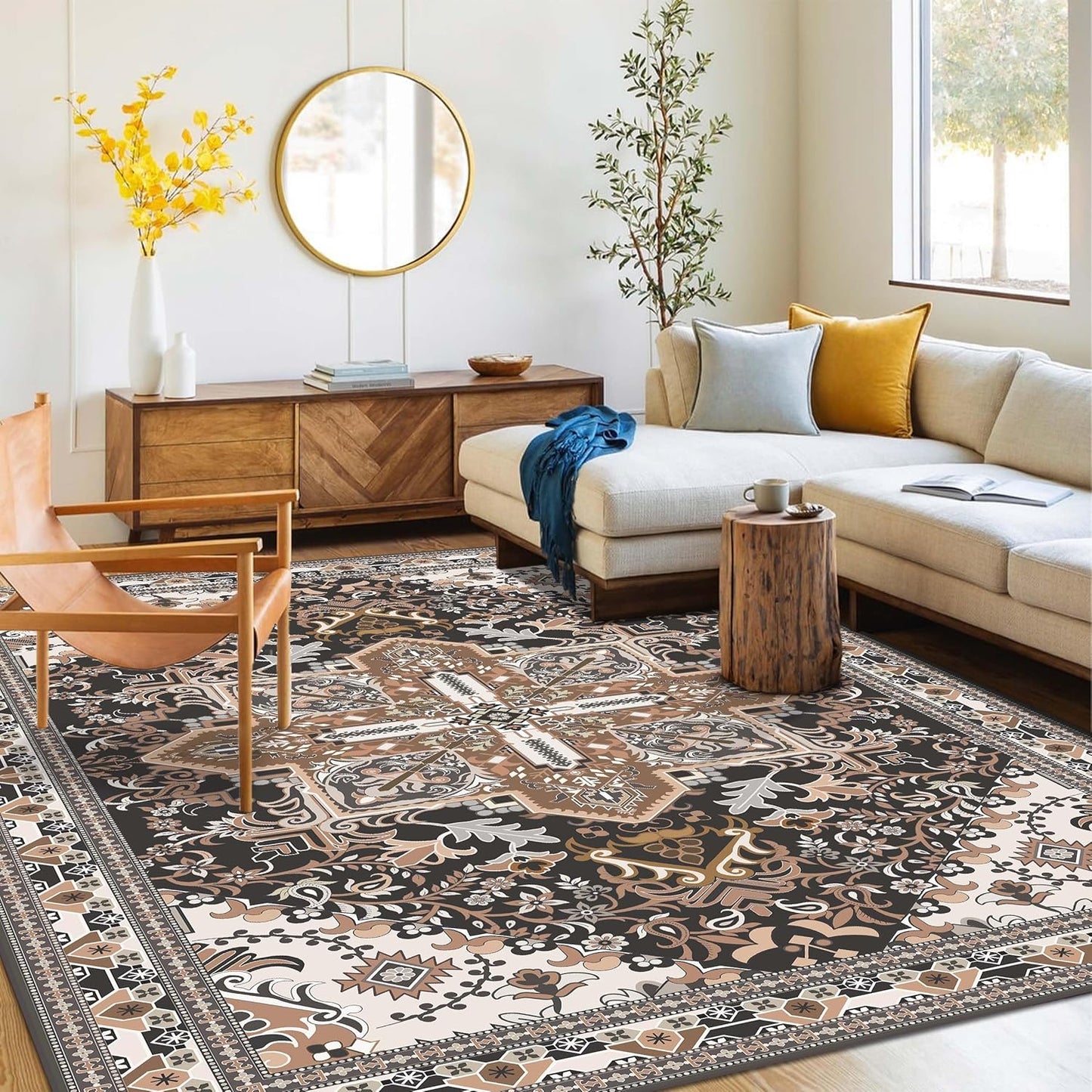 Washable Area Rug 5x8 | Non Slip Area Rug for Living Room, Bedrooms, Dining Room | Ultra-Soft Flannel Carpet Area with Rubber Backing (Black Brown Cream, 5x8)