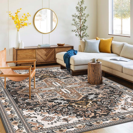 Washable Area Rug 5x8 | Non Slip Area Rug for Living Room, Bedrooms, Dining Room | Ultra-Soft Flannel Carpet Area with Rubber Backing (Black Brown Cream, 5x8)