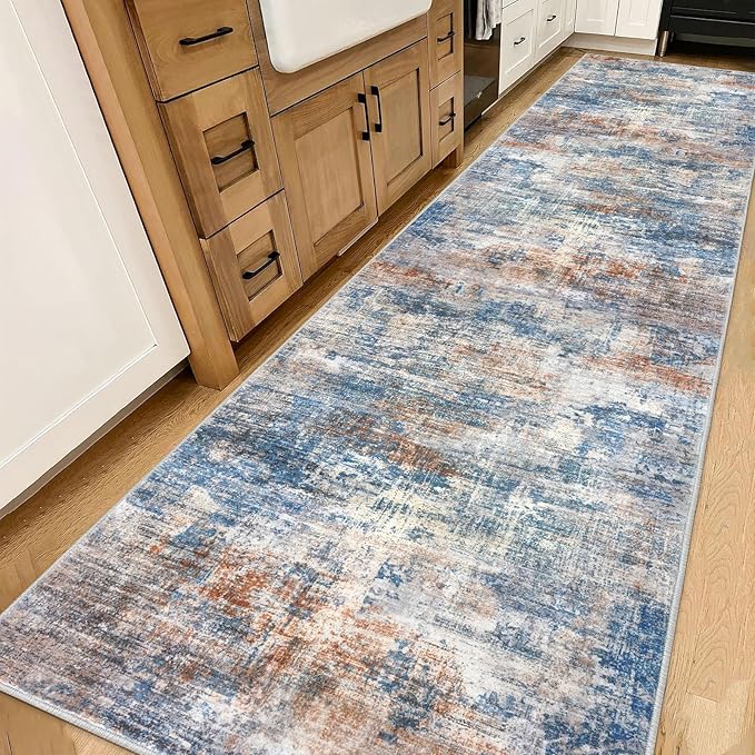 IOHOUZE Abstract Runner Rug 3x14 Ft Long Washable Runners for Hallways, Non Slip Kitchen Runner Printed Faux Wool Entryway Runner Indoor, Modern Abstract Floor Carpet for Hall Stair, Blue Rust