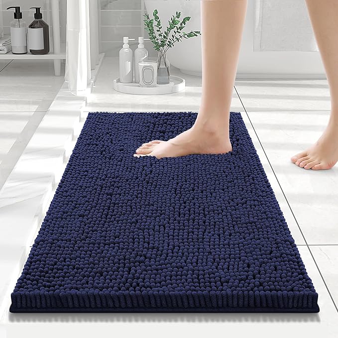 Smiry Luxury Chenille Bathroom Rugs 24x16, Extra Soft and Absorbent Shaggy Bath Mat, Machine Washable, Non-Slip Plush Carpet Runner for Tub, Shower, and Floor, Home Decor Accessories, Navy Blue