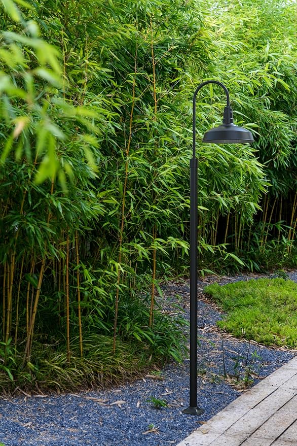 Steel Lighting Co. Gardena Barn Light | Outdoor Pole Top Mounted | 16" Dome | Upslope Gooseneck with Slip Fitter for 2-3/8" Standard Poles | Made in America | Matte Black Exterior/Matte Black Interior