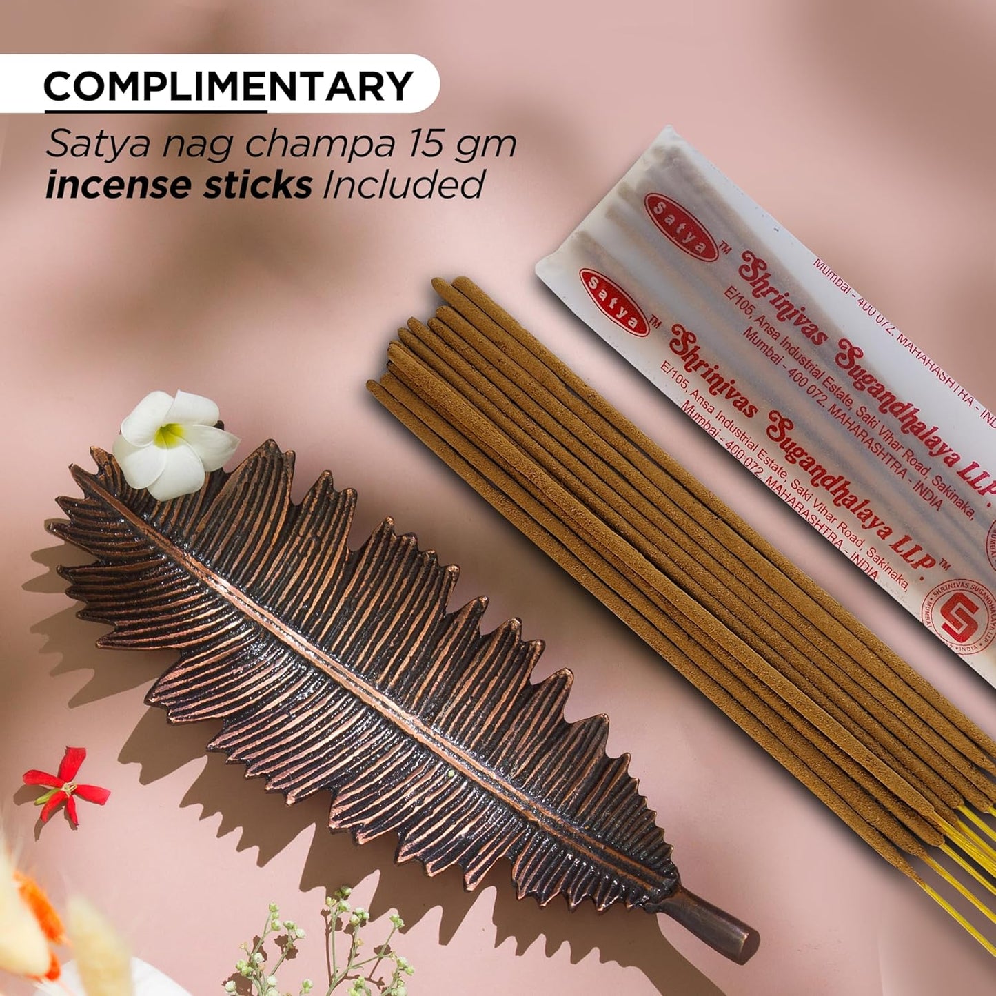 Raajsee Incense Holder Set With Nag Champa Sticks 15gm, Leaf Stick Burner, Brass Burner, Modern Holder for Yoga, Meditation, Home Decor - Size 10x4 Inches Copper