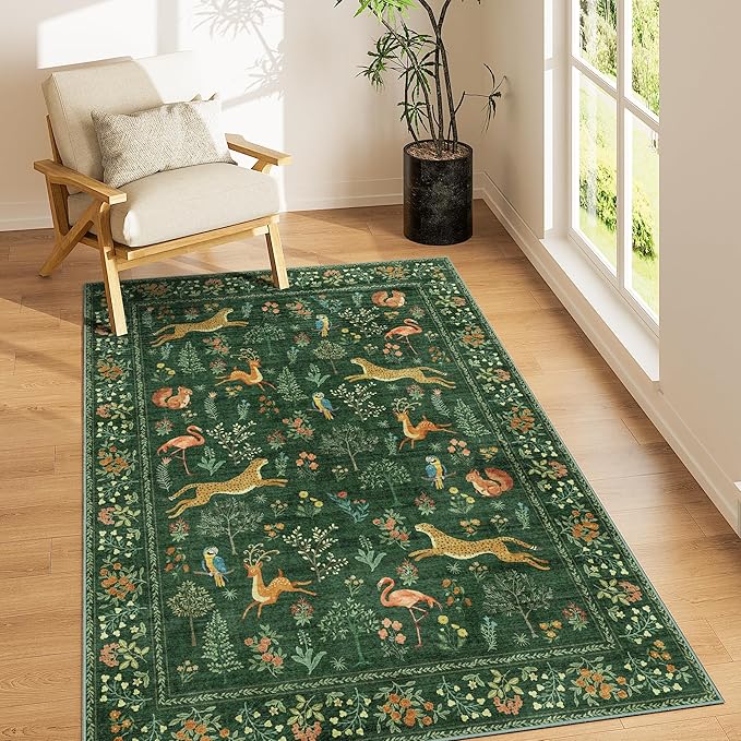 DUKINO 4x6 Rug, Washable Animal Area Rug with Non Slip Vintage Design, Indoor Soft Low Pile Carpet for Bedroom, Nursery, Dining Room, Farmhouse, Playroom, Green