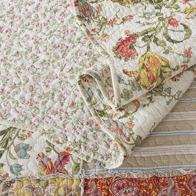 NEWLAKE Cotton Patchwork Bedspread, 3-Piece Bedding Quilt Set with Real Stitched Embroidery, Reversible Matelasse Bed Coverlet Set,Floral Paisley Grid with Lace,Queen Size
