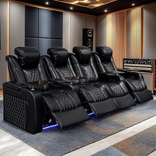 Home Theater Seating, Living Room, Heat & Massage, Powered Headrest, Powered Lumbar, Italian Leather, Powered Recline, Single Recliner (Black, Row of 4 Loveseat Middle)