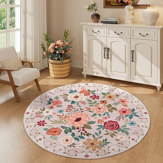 DUKINO Floral Round Rug, 4ft Washable Round Area Rug, Non Slip Indoor Low Pile Circle Rug, Soft Small Boho Design Circle Rug for Bedroom, Entryway, Living Room, Dining Room,Beige