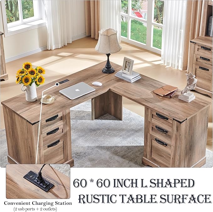 RedLemon 60" Farmhouse L Shaped Executive Desk with Drawers, Wood Home Office Corner Desk with Charging Station, File Drawer, Storage Cabinet, Rustic Computer Writing Desk (Natural Oak)