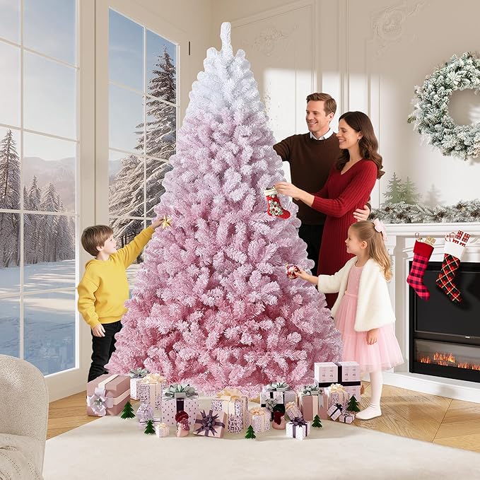 GarveeHome Pink Christmas Tree, 4.5ft Snow Flocked Artificial Christmas Tree with LED Warm White Lights & Metal Stand, Prelit Xmas Holiday Decoration for Home, Office, Party