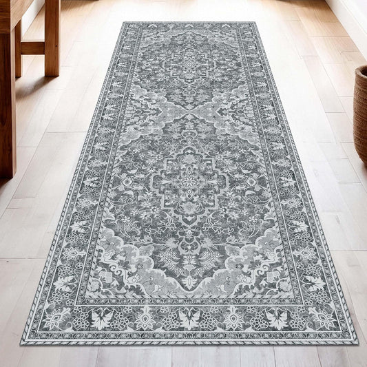 Washable Runner Rug 2.5x10 | Non Slip Rug Runners for Hallways, Entryways, Kitchens, Bathrooms, Bedrooms | Ultra-Soft Flannel Carpet Runners with Rubber Backing (Light Grey, 2.5x10)