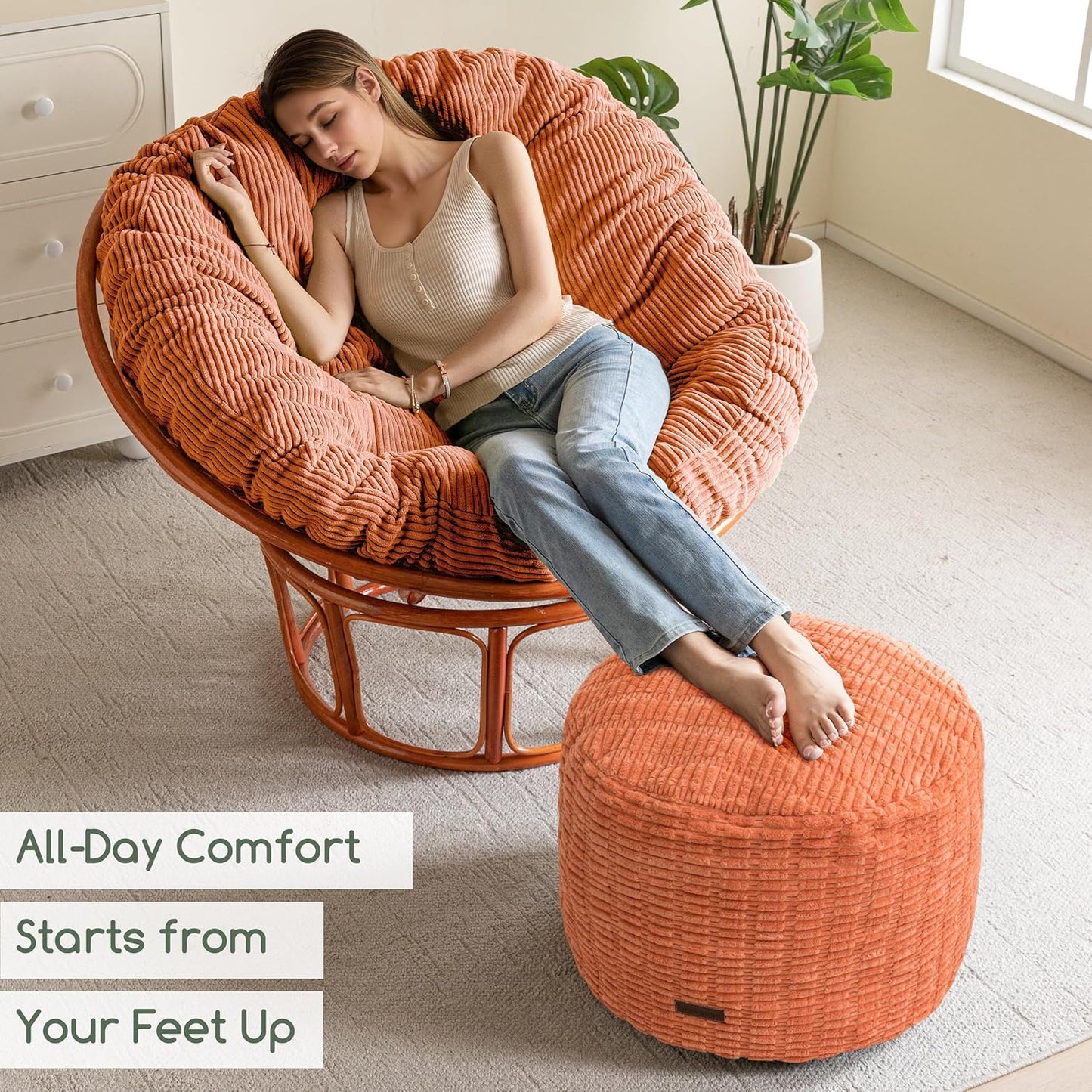 HIGOGOGO Pouf Ottoman Stuffed Round Modern Foam Filled Foot Rest Poufs for Living Room Chair Decorative 20 X 15 Inches Boho Relax Stool for Wedding Christmas Party, Coral Orange