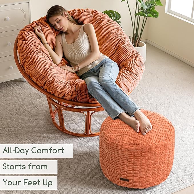 HIGOGOGO Pouf Ottoman Stuffed Round Modern Foam Filled Foot Rest Poufs for Living Room Chair Decorative 20 X 15 Inches Boho Relax Stool for Wedding Christmas Party, Coral Orange