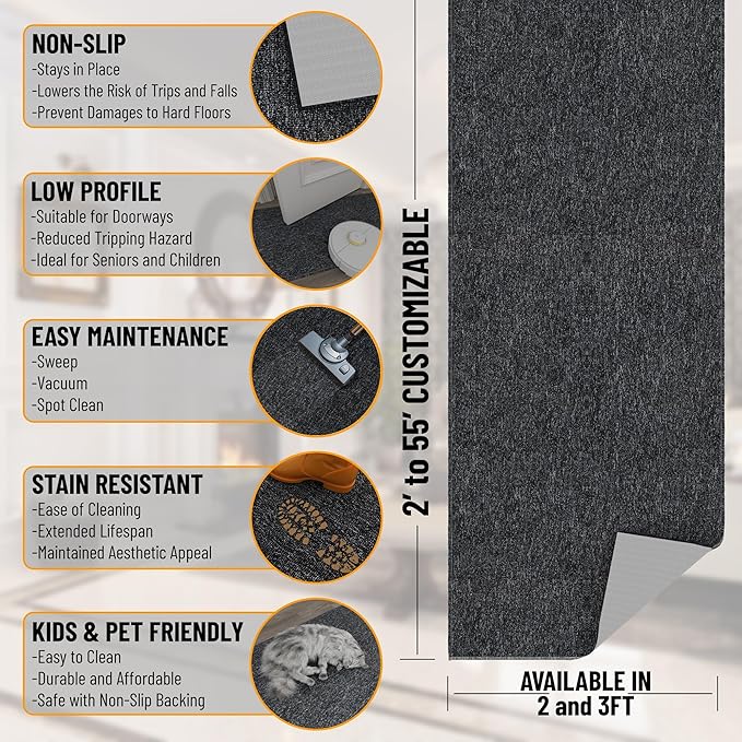 Ottomanson 2'7" x 6' Ultra-Thin Hallway Runner Rug - Durable Non-Slip Carpet for High-Traffic Areas - Fits Under Doors for Seamless Entry - Ideal for Kitchen, Entryway, Bedroom & Living Room, Black