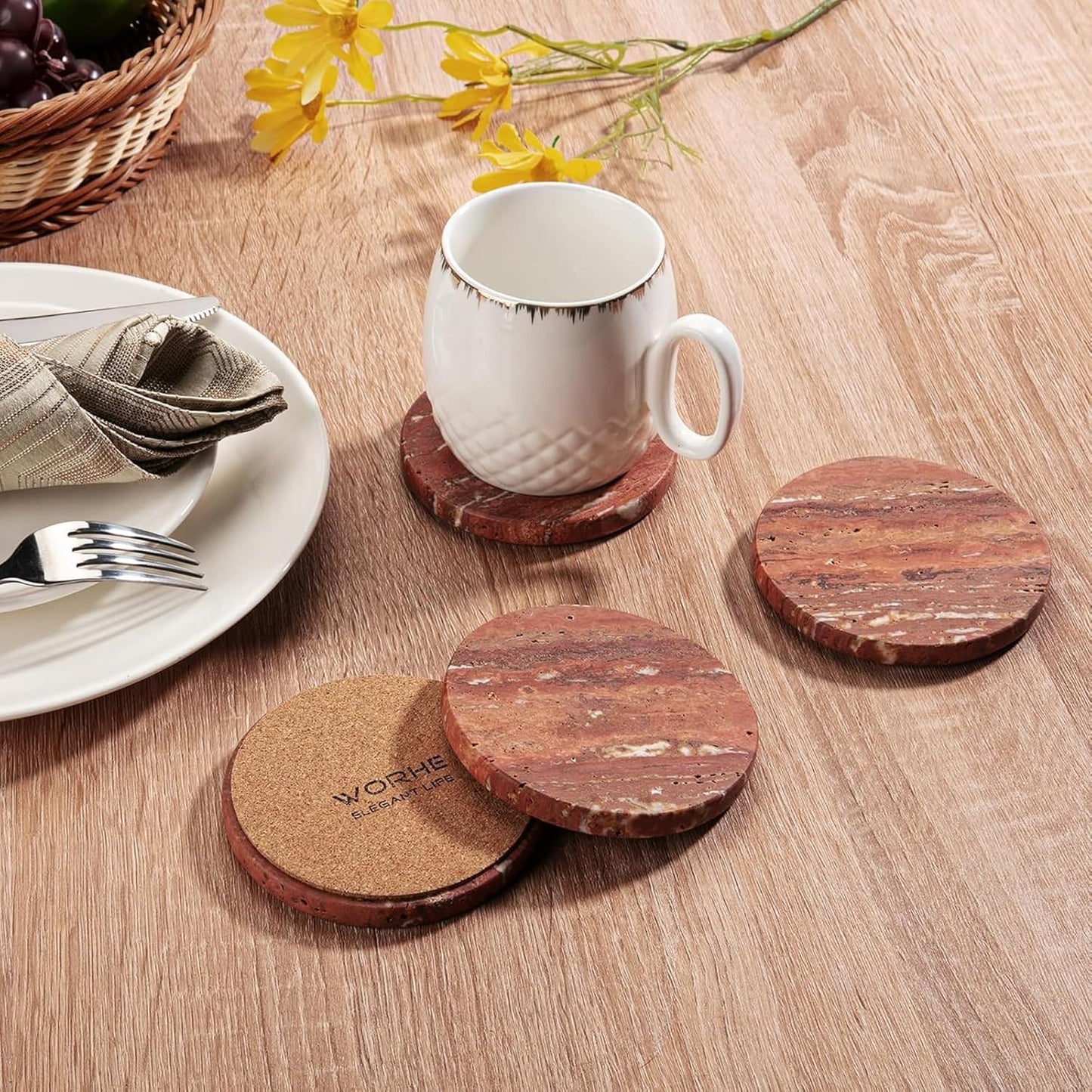 WORHE Marble Coaster for Drinks 4" Diameter Set of 4 Round Travertine Coasters for Home Decor Office Parties Birthday Housewarming Gift, Protect Countertops from Dirty,Sturdy and Tough Red (WH026)