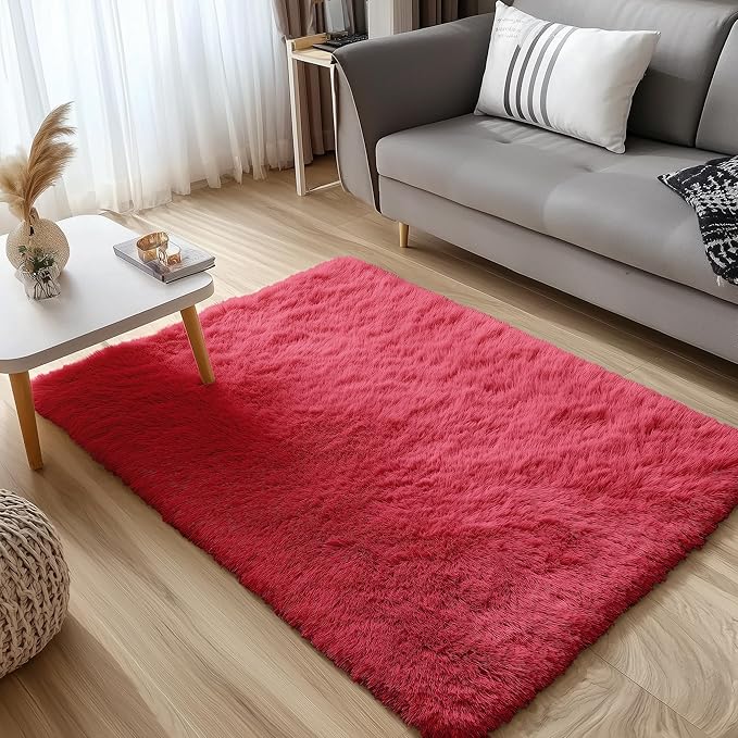 OLANLY 3x5 Machine Washable Small Bedside Rug, Soft Fluffy Shaggy Rugs for Living Room, Bedroom, Indoor Floor Carpet for Kids Girls and Boys, Preppy Dorms, Nursery, Home Decor Aesthetic, Red
