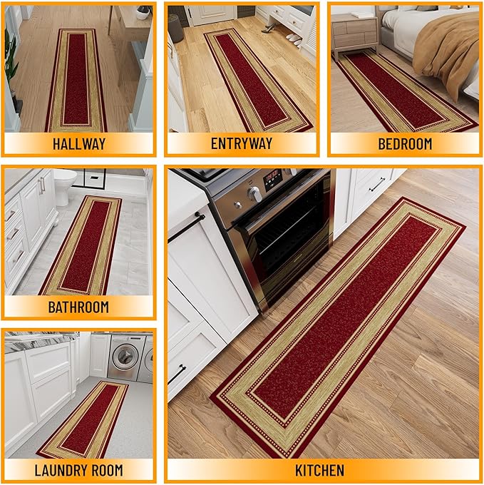 Ottomanson Hallway Runner Rug 1'10" x 7' Non Slip Border Area Rugs Easy to Clean Laundry Rug Runner Durable & Pet Friendly Floor Carpet Runners for Hallways Entryway Living Room Kitchen Bathroom, Red