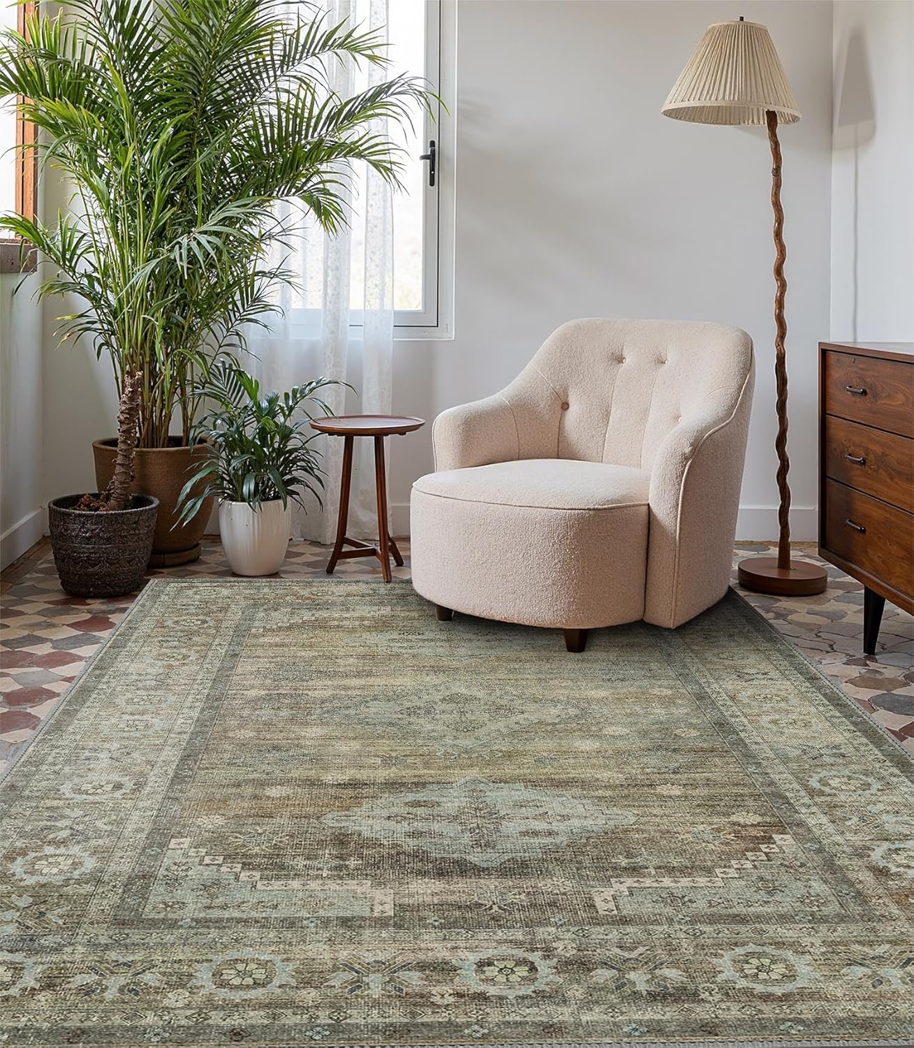 Area Rugs 5x7 for Living Room Bedroom, Modern Boho Machine Washable Large Distressed Light Greyish Sage Green Rug, Low Pile Floor Carpet with Non Slip Backing for Dining Room