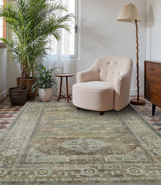 Area Rugs 5x7 for Living Room Bedroom, Modern Boho Machine Washable Large Distressed Light Greyish Sage Green Rug, Low Pile Floor Carpet with Non Slip Backing for Dining Room