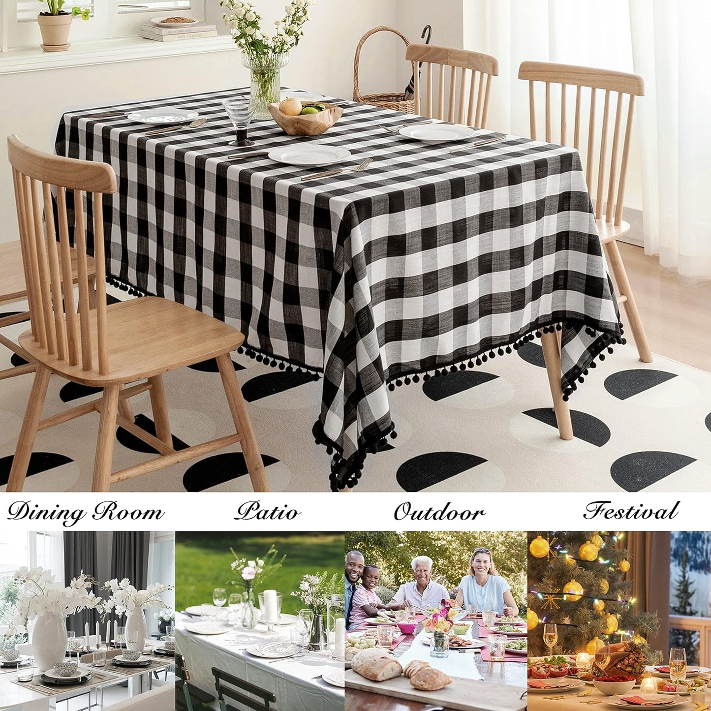 Jubilantex Buffalo Plaid Table Cloth for Rectangle Tables with Tassel Black and White Rustic Linen Textured Farmhouse Heavyweight Burlap Table Cover for Kitchen Dining Tabletop Decoration,60x 84 inch
