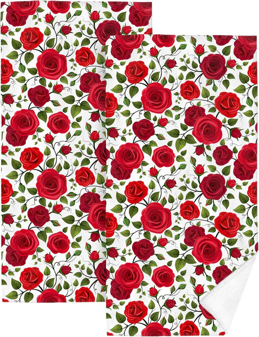 Red Rose Bath Hand Towels Decorative Set of 2, Soft Absorbent Flower Hand Towels for Bathroom Gym Hotel Spa Home Decor 14x28 Inch Bathroom Decorative Towels