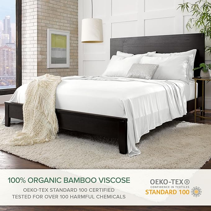 Split King Sheets by Pure Bamboo, Genuine 100% Organic Viscose Derived from Bamboo Bed Sheet Set, Soft & Cooling, Double Stitching *Not for Split Top (Split King, White)