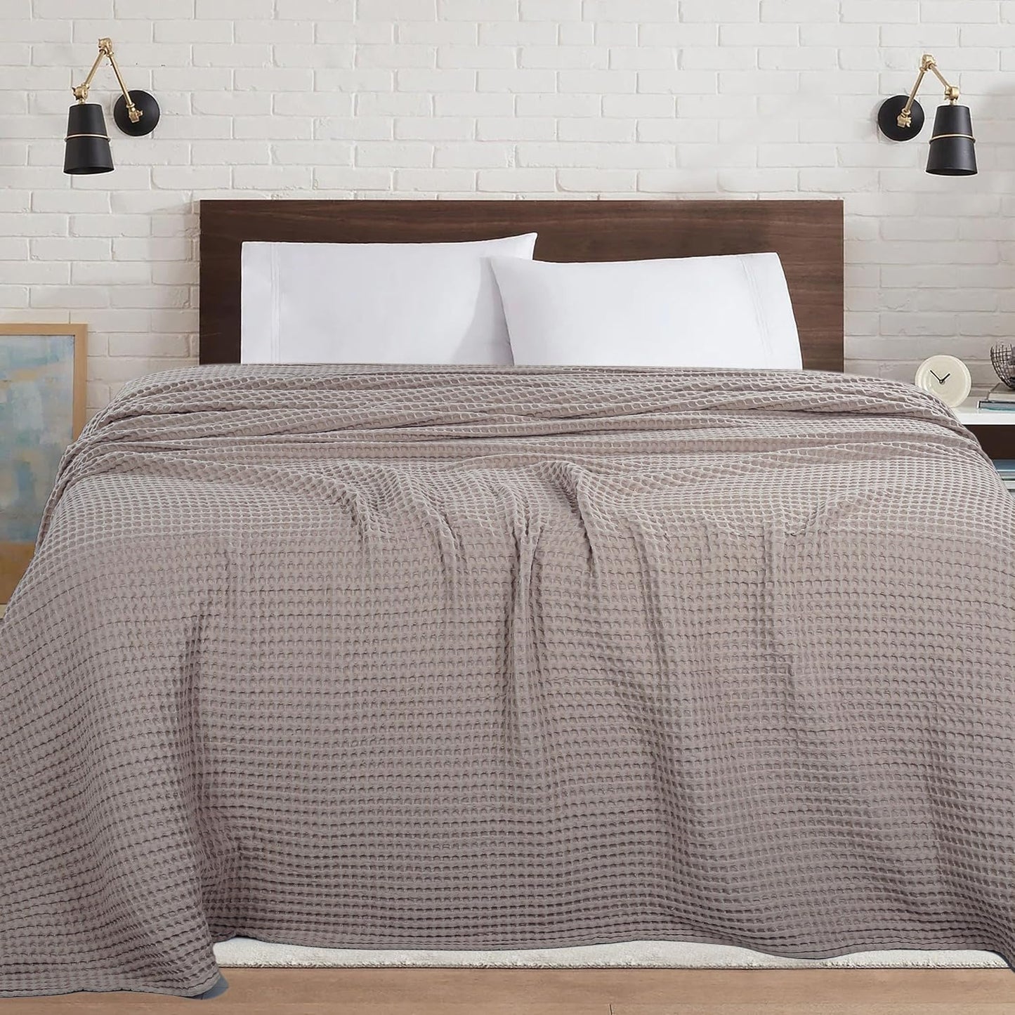 HILLFAIR 100% Cotton Blanket- 120"x120" XXL Oversized King Bed Blankets- Family Size 10 ft x 10 ft Big- Waffle Blankets- All Season Soft Breathable- Extra Large King Cotton Blanket for Bed- Khaki