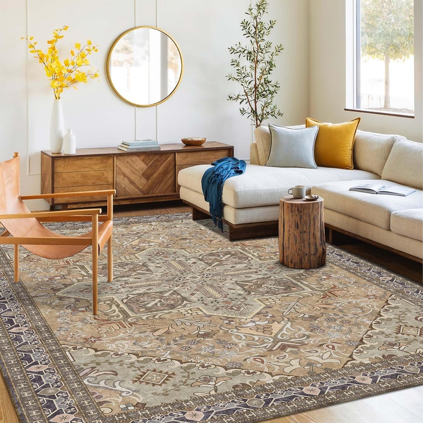 Washable Area Rug 6x9 | Non Slip Area Rug for Living Room, Bedrooms, Dining Room | Ultra-Soft Flannel Carpet Area with Rubber Backing (Olive Brown, 6x9)