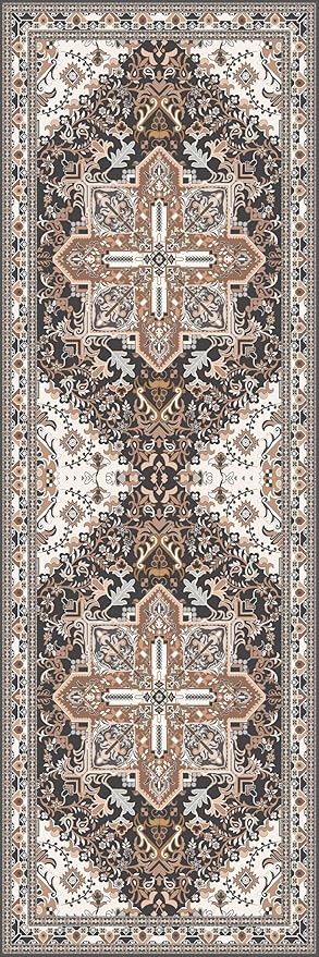 Washable Runner Rug 2x6 | Non Slip Rug Runners for Hallways, Entryways, Kitchens, Bathrooms, Bedrooms | Ultra-Soft Flannel Carpet Runners with Rubber Backing (Black Brown Cream, 2x6)