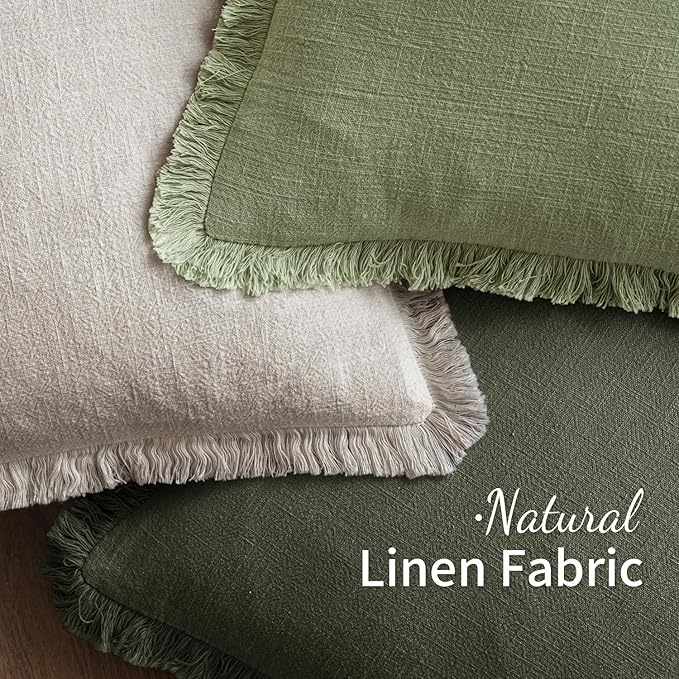 MIULEE Decorative Throw Pillow Covers Neutral Linen Fringe Throw Pillows Set of 2 Rifle Green Boho Farmhouse Cushion Covers with Tassels for Couch Sofa Bed Living Room Spring Home Decor 18x18 Inch
