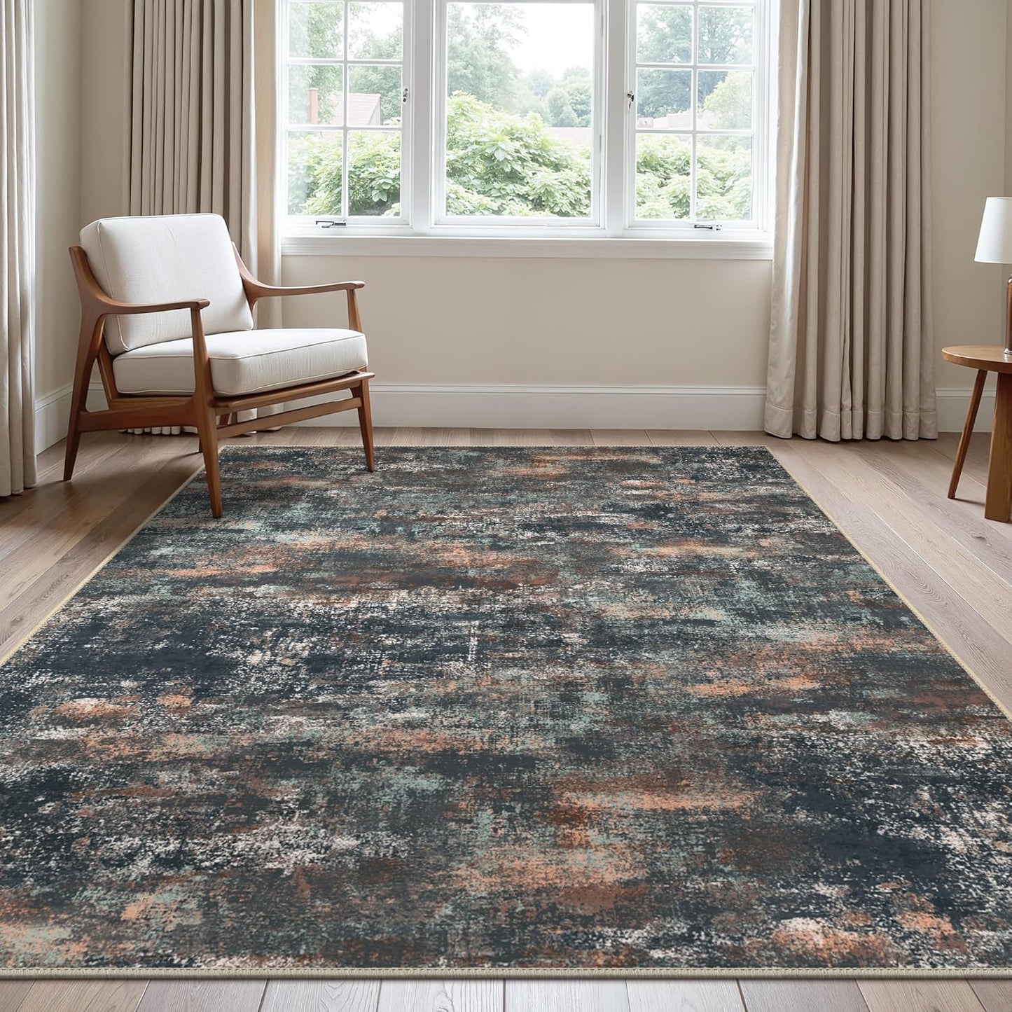 Area Rugs 9x12 for Living Room Bedroom, Modern Abstract Machine Washable Rug, Large Soft Low Pile Floor Cover with Non Slip Backing for Dining Room, Dark Blue Rust