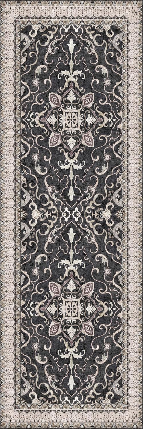 Washable Runner Rug 2x6 | Non Slip Rug Runners for Hallways, Entryways, Kitchens, Bathrooms, Bedrooms | Ultra-Soft Flannel Carpet Runners with Rubber Backing (Black Cream, 2x6)