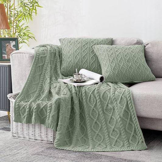 Homiest Cable Knit Throw Blanket and Pillow Set, Sage Green Set of 3, Knitted Throw (50"x60") & 2 Pillow Covers (18"x18"), Soft & Cozy Decorative for Couch Bed Sofa