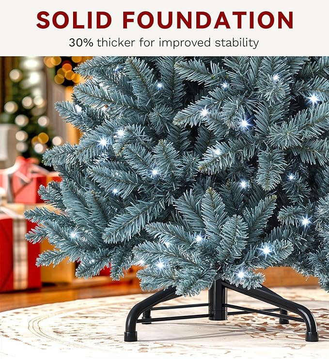 DWVO Prelit Christmas Tree 6ft, Colorado Blue Spruce Atificial Christmas Tree with 450 Cold LED Lights Includes Metal Stand, Green Full Xmas Trees with 880 Metal Hinged Branch Tips, for Home Party