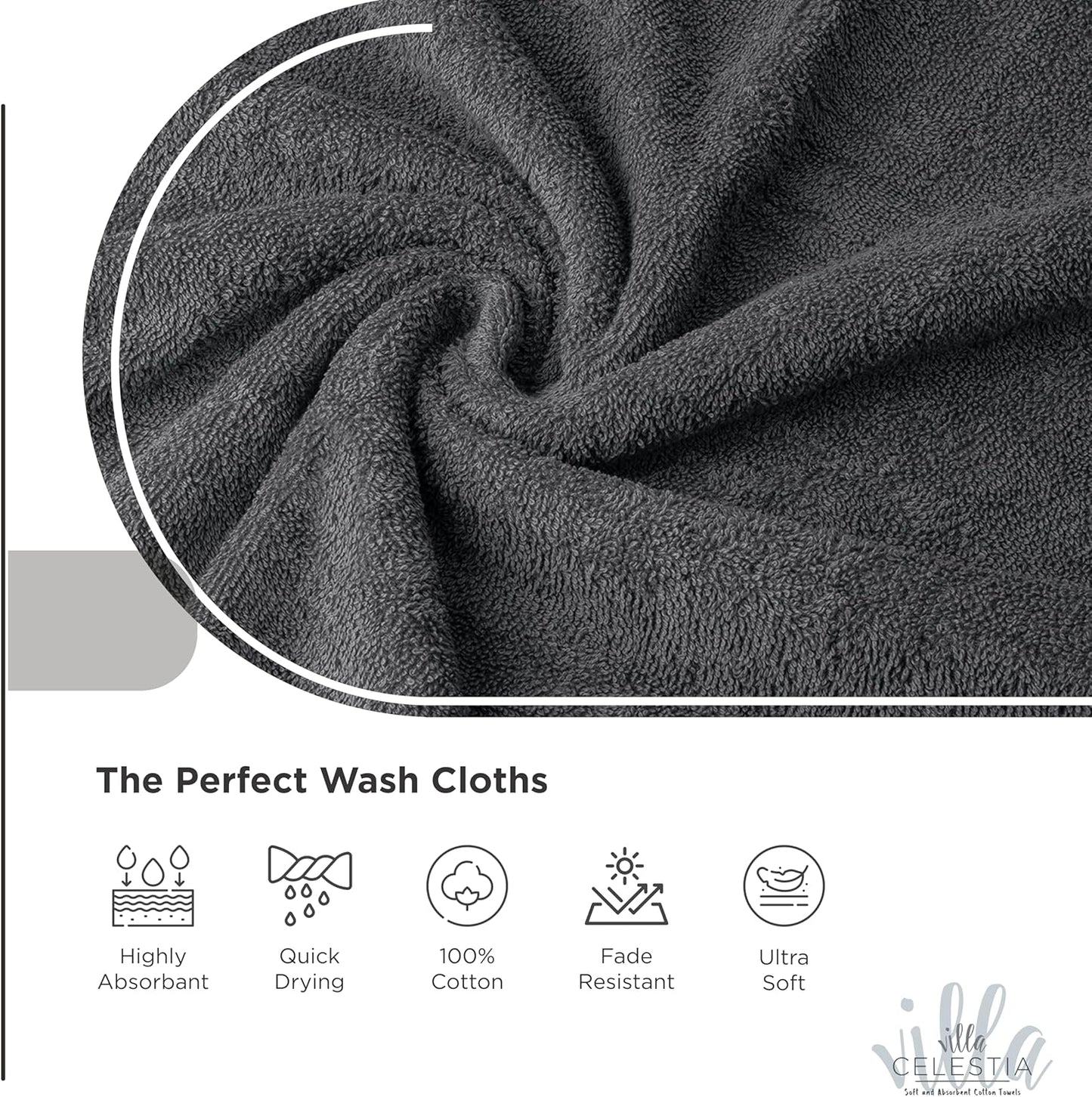 100% Cotton Wash Cloth for face & Body Set of 6, (12 x 12 inches) Sustainable, Soft, Highly Absorbent, Combed Cotton Wash Cloths Pack of 6 for Hotels, Spa, Bathroom, Dorm, Grey