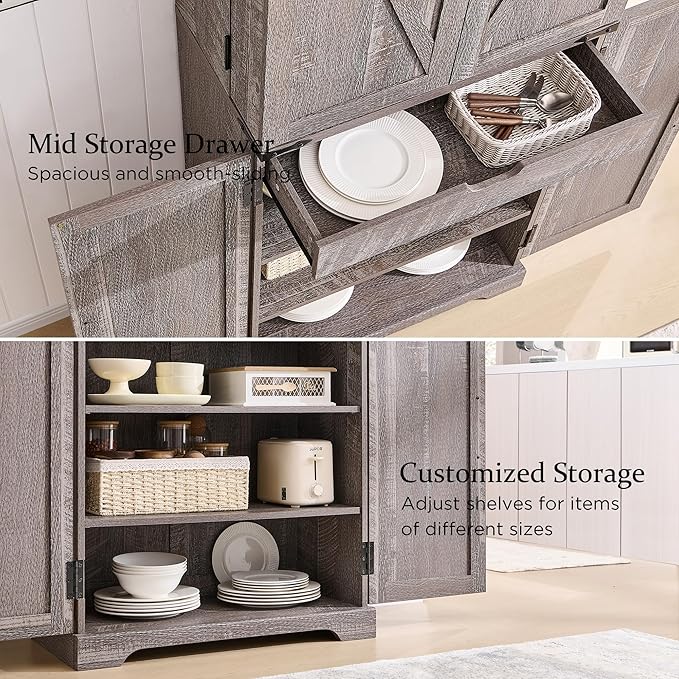 72" Tall Kitchen Pantry, Farmhouse Storage Cabinet with Barn Doors, Organizer, Drawer and Adjustable Shelves, Rustic Wood Cupboard for Kitchen, Dining Room, Bathroom and Hallway, Rustic Grey