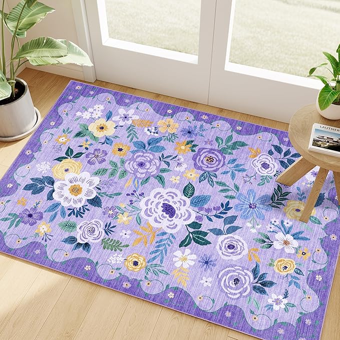 DUKINO 2x3 Rugs for Entryway, Floral Indoor Washable Door Mat, Non Slip Boho Small Rug for Kitchen, Soft Low Pile Front Door Throw Rug for Entrance, Bedroom, Kitchen, Laundry, Bathroom, Purple