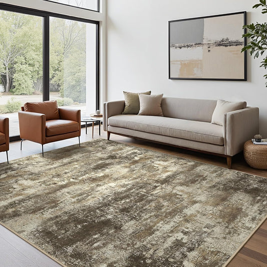 Area Rugs 9x12 for Living Room Bedroom, Modern Abstract Machine Washable Rug, Large Soft Low Pile Floor Cover with Non Slip Backing for Dining Room, Brown