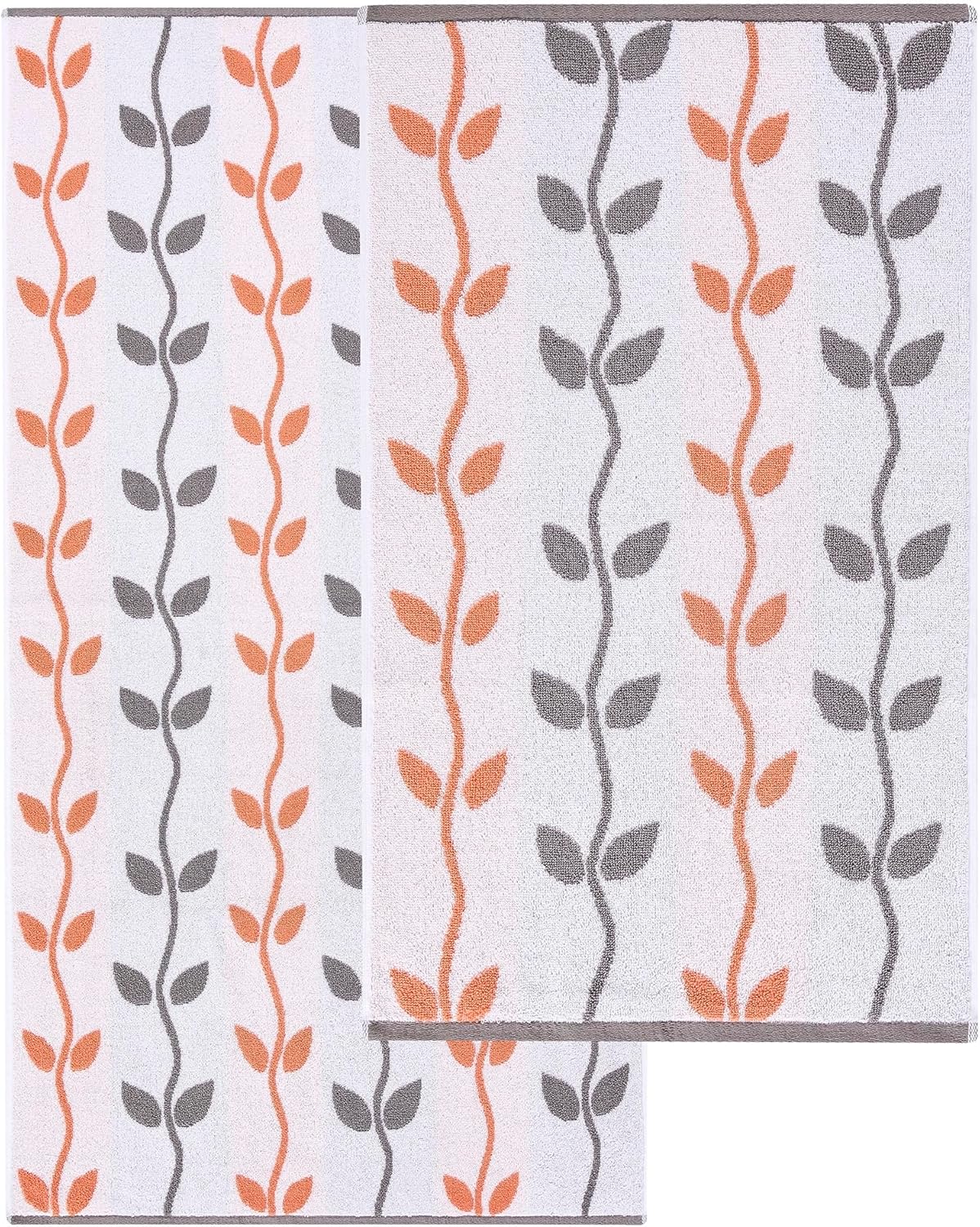 Modern Threads Organic Vines 6-Piece 100% Cotton Towel Set – Yarn Dyed Jacquard & Solid – Includes 2 Bath Towels, 2 Hand Towels, 2 Washcloths – Absorbent, Quick Dry, Soft & Durable – Orange