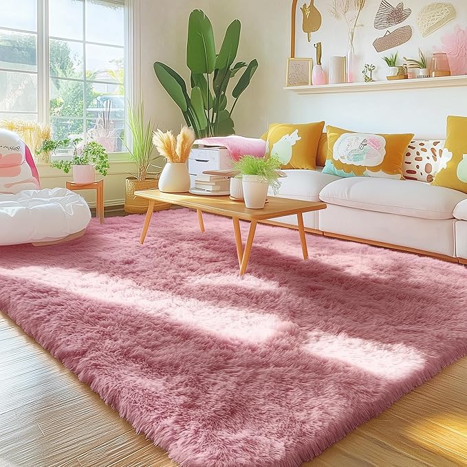 OLANLY Area Rugs for Living Room Bedroom, Machine Washable 4x5.9 ft Soft Fluffy Shaggy Bedside Rug, Indoor Floor Carpet for Kids Girls and Boys, Dorms, Nursery Rooms, Home Decor Aesthetic, Pale Pink
