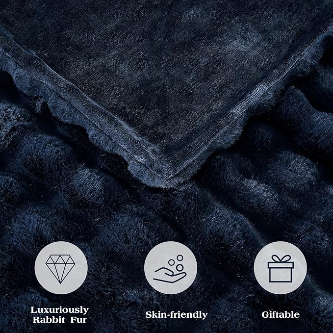 JONIYEAR Soft Fuzzy Bubble Faux Rabbit Fur Throw Blanket for Couch 50" x 60", Double Sided Textured Warm Fluffy Blanket for Winter,Luxury Cozy Puffy Shaggy Comfy Furry Blankets for Sofa Bed, Navy Blue