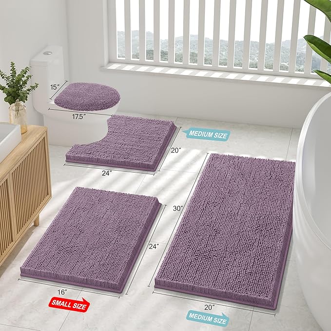 Smiry Luxury Chenille Bathroom Rugs 24x16, Extra Soft and Absorbent Shaggy Bath Mat, Machine Washable, Non-Slip Plush Carpet Runner for Tub, Shower, and Floor, Home Decor Accessories, Deep Plum