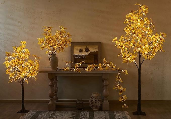 LITBLOOM Lighted Fall Garland with Timer 6FT 24 Warm White LED, Maple Leaf Vine with Lights Battery Operated for Mantle Fireplace Autumn Thanksgiving Harvest Decoration Indoor Outdoor