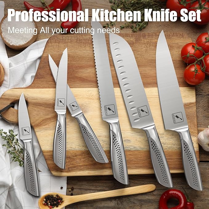 imarku Knife Set, Japanese HC Stainless Steel 15 PCS Kitchen Knife Set With Block With Built-in Sharpener, Razor-Sharp Blade Knife Block Set With Dotted Ergomomic Handle, Best Birthday Gifts, White