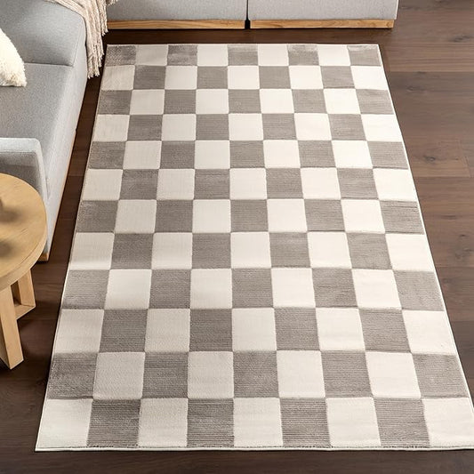 nuLOOM 3' x 5' Indoor Area Rug, 100% Recycled PET, Machine Washable, Oeko-TEX Certified, Medium Pile, Pet-Friendly, Zhuri Checkered Cream