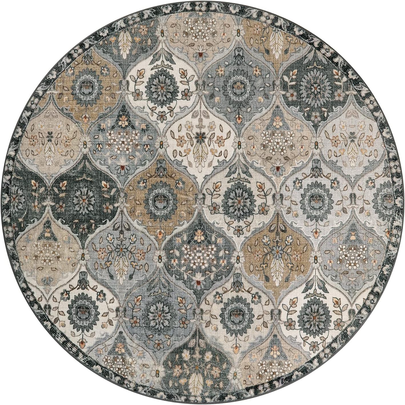 Lahome Moroccan Trellis Washable Circle Rug, Round Rug 5ft Soft Non-Slip, Non-Shedding Distressed Round Carpet for Bedroom Living Room Bathroom Nursery Kitchen, Grey