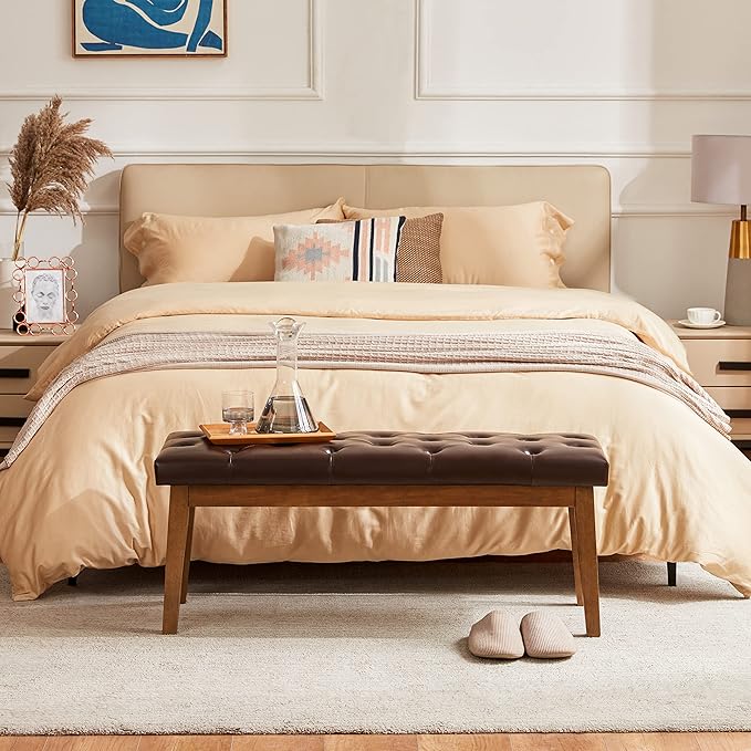 HUIMO Button-Tufted Bench for End of Bed, Entryway Bench with Upholstered Linen Fabric, Ottoman Bench for Living Room,Dining Bench for Kitchen(Brown)