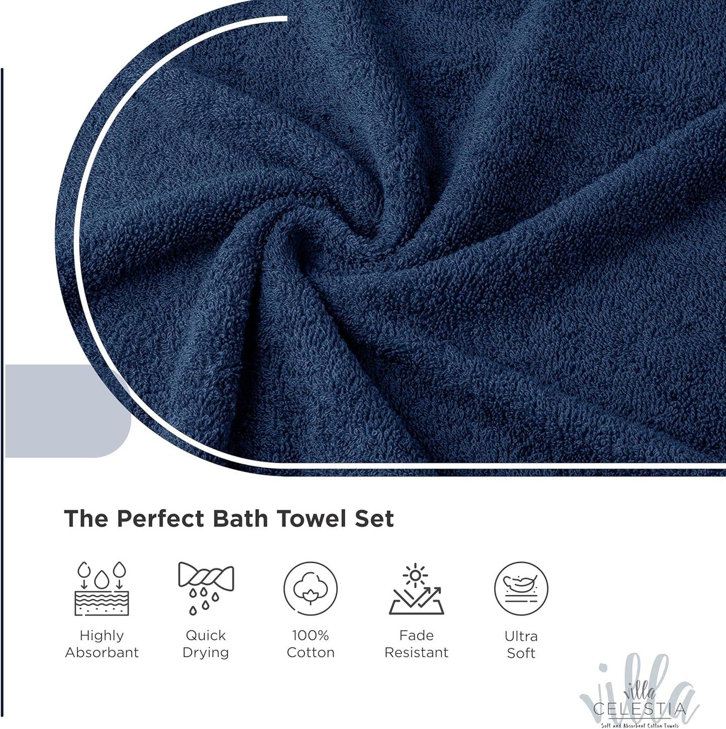 100% Combed Cotton Bathroom Towel Set of 6- 2 Bath Towels, 2 Hand Towels, 2 Wash Cloths, Sustainable, Soft, Highly Absorbent 6 Piece Cotton Bath Towel Set for Hotels, Spa, Bathroom, Dorm, Navy Blue