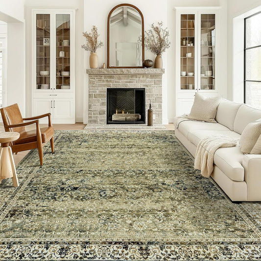 Olive and Tan Area Rugs Washable Rug for Living Room Bedroom Boho Farmhouse Floral Vintage Soft No Slip Extra Large Carpet for Dining Room 9x12